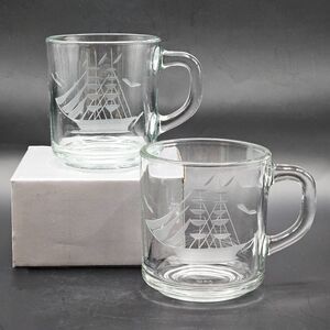 Anchor Hocking Sailing Ship Etched Glass Mugs Cups Nautical Vintage Set of 2